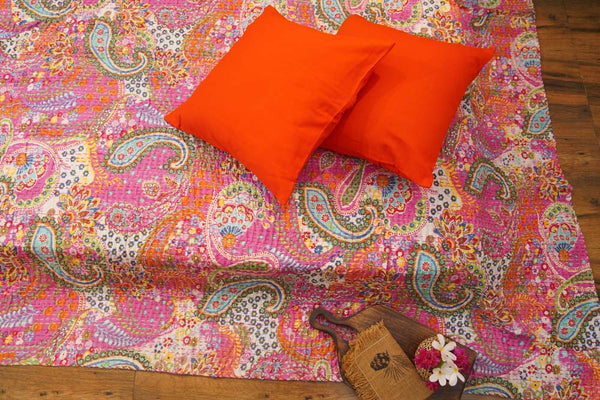 Pailsley Pink Colorful Kantha Bedcover