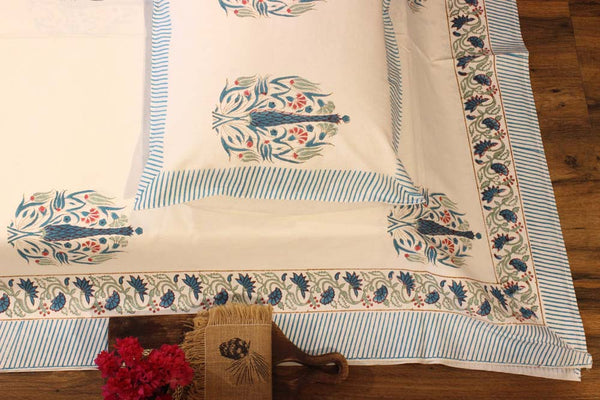 Blue Cyprus Hand Block Print Cotton Queen Size Bedsheet