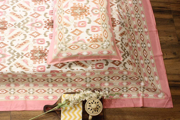 Pink and Ikkat Contemporary Queen Size Cotton Bedsheet
