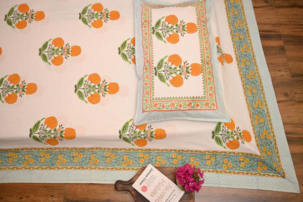 Marigolds in Bloom Hand Block Print Cotton Bedsheet
