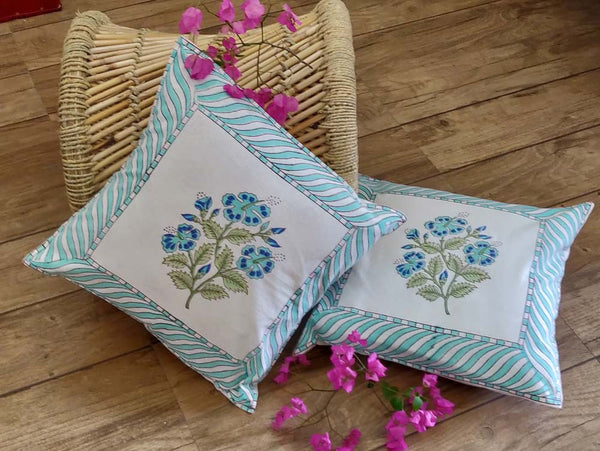 Blue Hibiscus Hand Block Print Cotton Cushion Cover - Set of 2