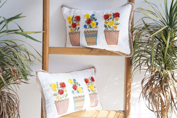 Potted Treasures Embroidered Cushion Cover- Set of 2