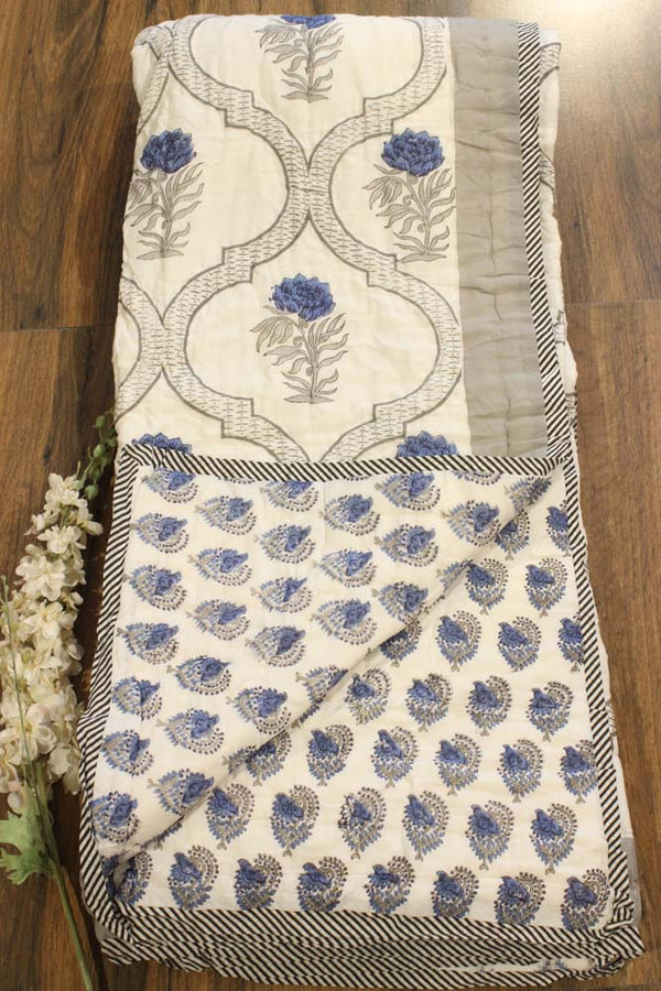 Mughal Blue Hand Block Print Single Bed Quilt